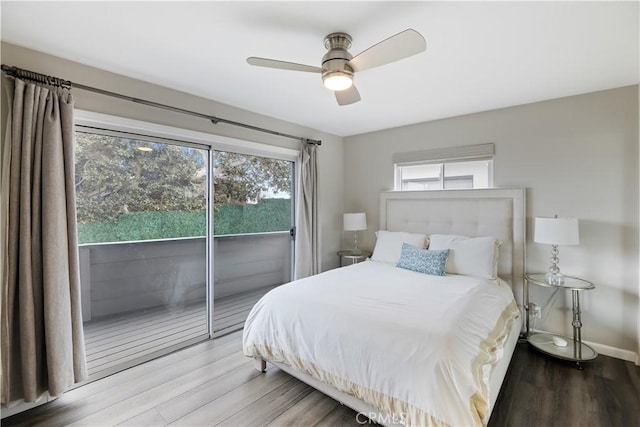 284 Chiquita St, Laguna Beach, CA 92651 - bedroom featuring access to exterior, wood finished floors, and a ceiling fan