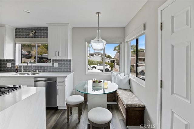 284 Chiquita St, Laguna Beach, CA 92651 - kitchen featuring stainless steel dishwasher, dark wood finished floors, light countertops, and white cabinetry