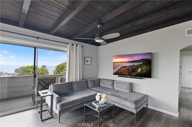 284 Chiquita St, Laguna Beach, CA 92651 - living room with wood finished floors, a wooden ceiling with exposed beams, a ceiling fan, and arched walkways