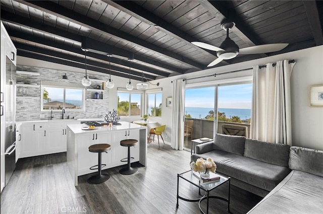 284 Chiquita St, Laguna Beach, CA 92651 - living area featuring wood ceiling, a ceiling fan, and dark wood finished floors