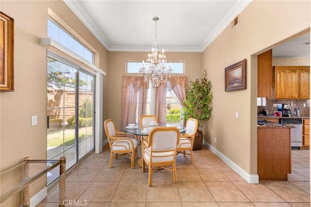 6791 Florence Pl, Rancho Cucamonga, CA 91701 - dining room featuring healthy amount of natural light, a chandelier, crown molding, and light tile patterned flooring