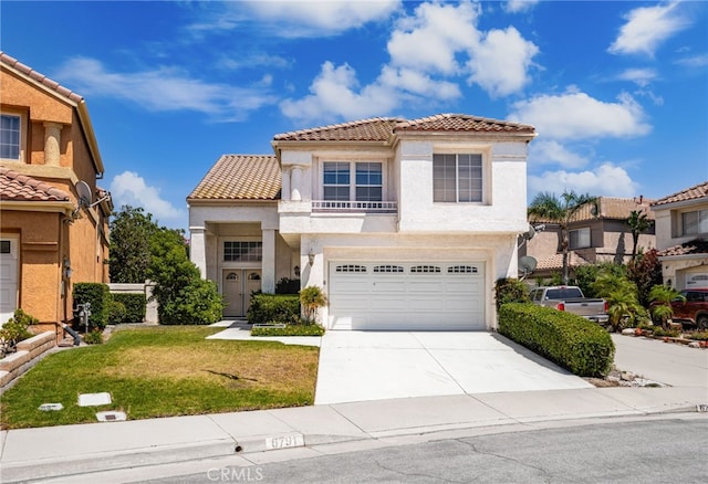 6791 Florence Pl, Rancho Cucamonga, CA 91701 - mediterranean / spanish-style home with a tile roof, driveway, stucco siding, and a front yard