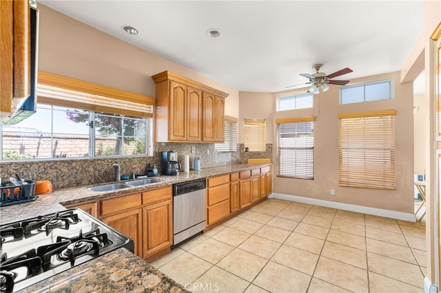 6791 Florence Pl, Rancho Cucamonga, CA 91701 - kitchen featuring dishwasher, a ceiling fan, tasteful backsplash, and light tile patterned flooring