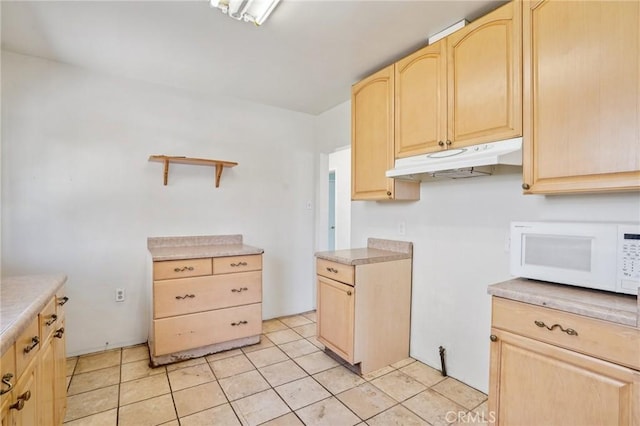10018 San Vincente Ave, South Gate, CA 90280 - kitchen with under cabinet range hood, white microwave, light brown cabinetry, open shelves, and light countertops