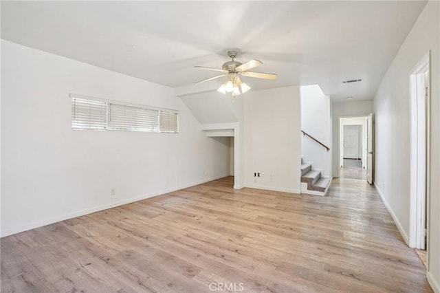 10018 San Vincente Ave, South Gate, CA 90280 - unfurnished living room with light wood-style floors, ceiling fan, and stairway
