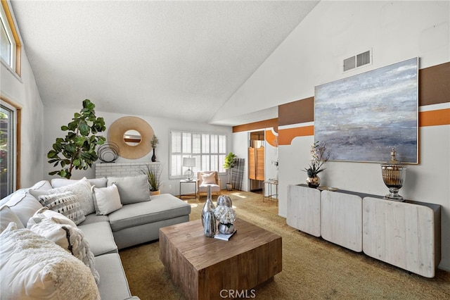 11551 Gladstone Cir, Fountain Valley, CA 92708 - living area with carpet floors, healthy amount of natural light, high vaulted ceiling, and a textured ceiling