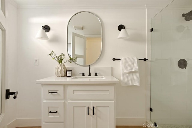 1585 Miramar Dr, Newport Beach, CA 92661 - bathroom with vanity, tiled shower, and ornamental molding