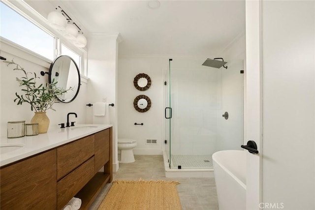 1585 Miramar Dr, Newport Beach, CA 92661 - full bathroom with ornamental molding, a stall shower, double vanity, tile patterned flooring, and a soaking tub