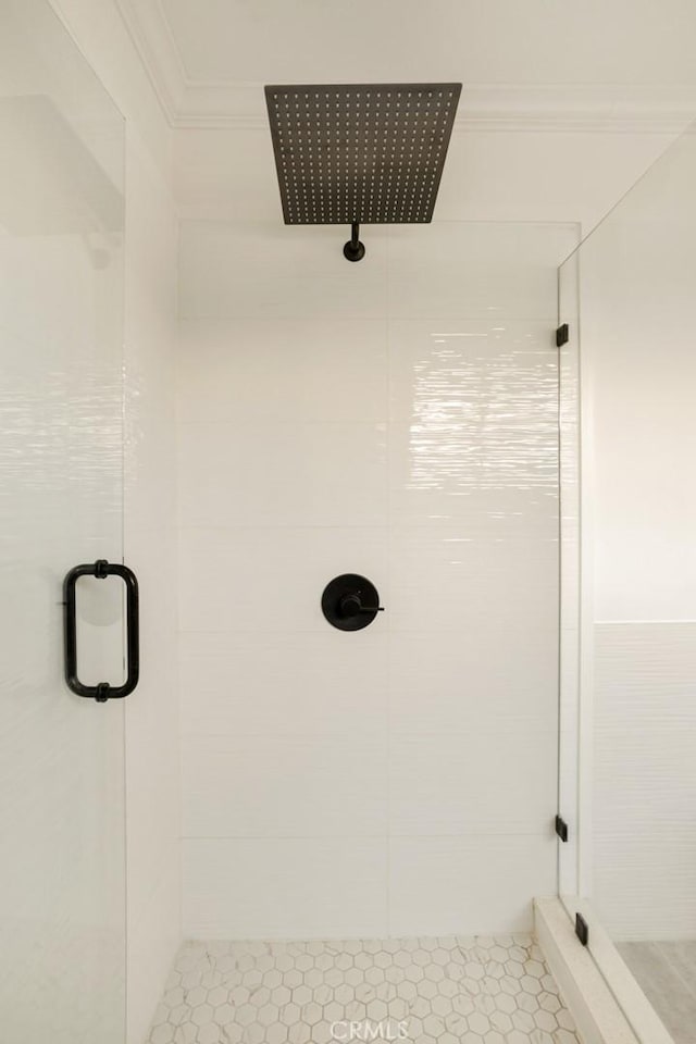 1585 Miramar Dr, Newport Beach, CA 92661 - full bathroom with a stall shower, ornamental molding, and tile patterned floors