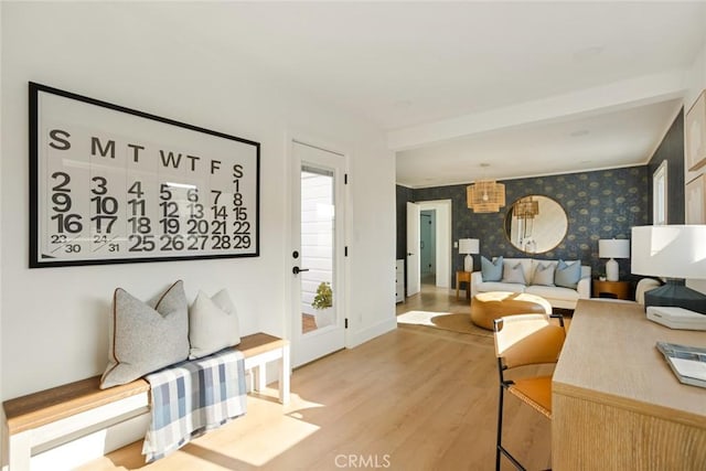 1585 Miramar Dr, Newport Beach, CA 92661 - living room with wallpapered walls and light wood-type flooring