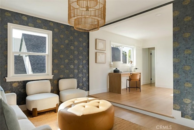 1585 Miramar Dr, Newport Beach, CA 92661 - living area featuring wood finished floors and wallpapered walls