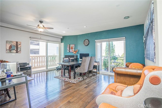 1026 S Oxford Ave Unit 206, Los Angeles, CA 90006 - dining space featuring a ceiling fan, wood finished floors, and recessed lighting