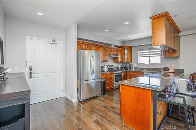 1026 S Oxford Ave Unit 206, Los Angeles, CA 90006 - kitchen featuring appliances with stainless steel finishes, a peninsula, brown cabinetry, dark wood-type flooring, and recessed lighting