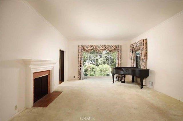 1075 Pine Oak Ln, Pasadena, CA 91105 - carpeted living room with crown molding and a fireplace with flush hearth