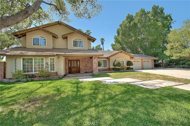 2290 Decade Ct, Riverside, CA 92506 - traditional-style home featuring stucco siding, a front lawn, a garage, and brick siding