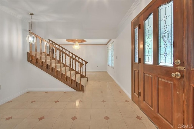 2290 Decade Ct, Riverside, CA 92506 - entrance foyer featuring crown molding, stairway, and light tile patterned floors
