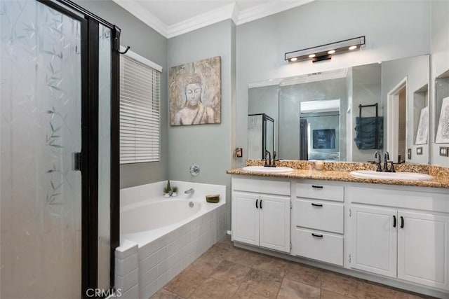 185 Alabaster Loop, Perris, CA 92570 - full bath with double vanity, crown molding, a garden tub, and a stall shower