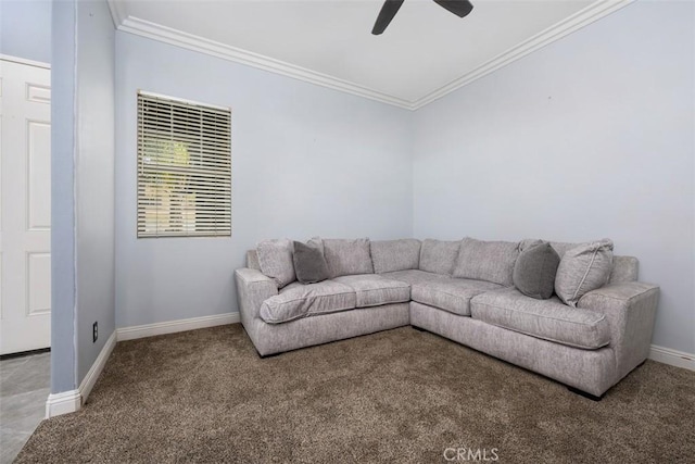 185 Alabaster Loop, Perris, CA 92570 - living room featuring carpet floors, crown molding, and a ceiling fan
