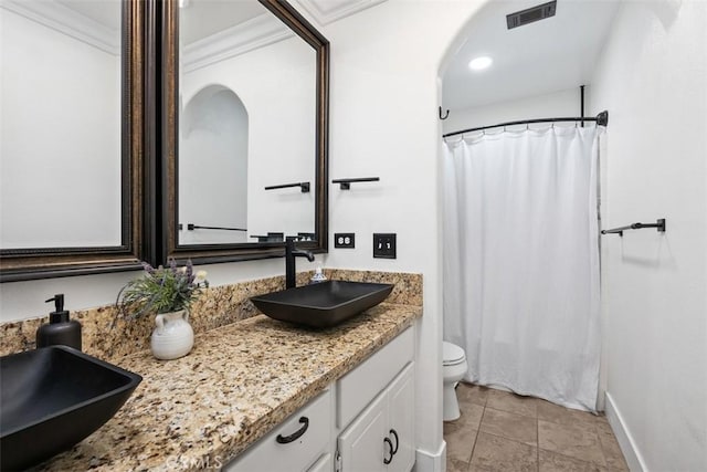 185 Alabaster Loop, Perris, CA 92570 - full bathroom with double vanity, tile patterned flooring, and ornamental molding