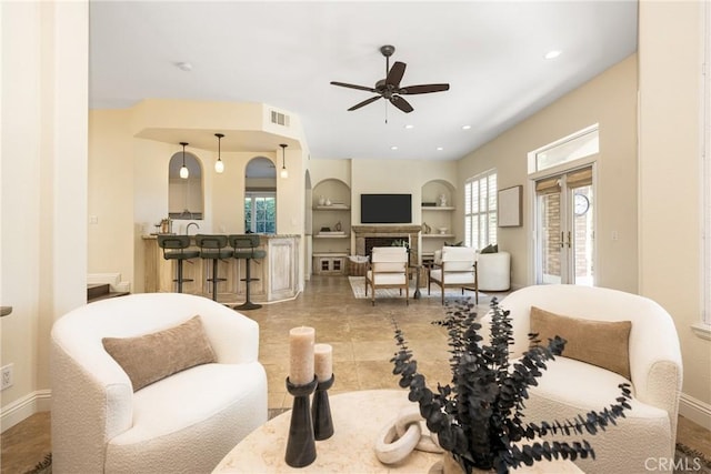 2 Via Barcaza, Coto De Caza, CA 92679 - living room with ceiling fan, built in features, recessed lighting, and tile patterned floors