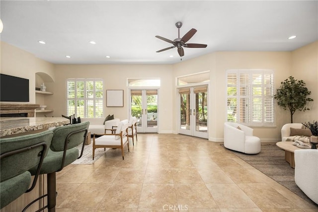 2 Via Barcaza, Coto De Caza, CA 92679 - living area featuring recessed lighting, french doors, a ceiling fan, and light tile patterned flooring