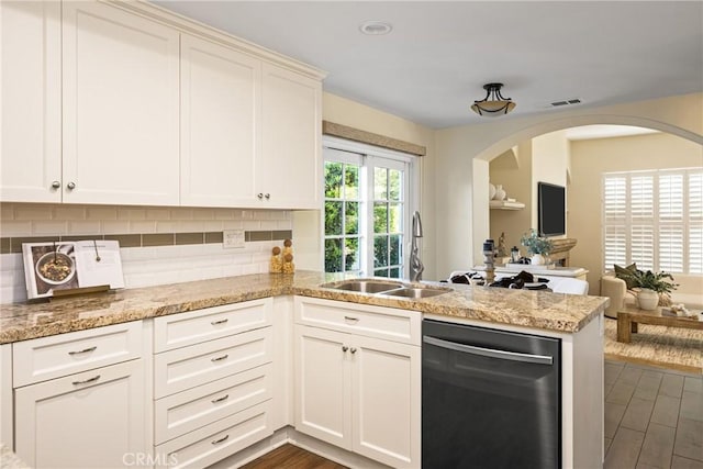 2 Via Barcaza, Coto De Caza, CA 92679 - kitchen featuring dishwasher, a peninsula, backsplash, dark wood finished floors, and open floor plan