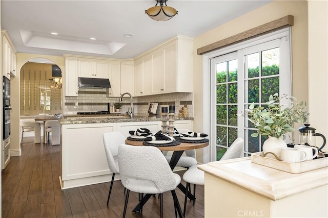 2 Via Barcaza, Coto De Caza, CA 92679 - kitchen with backsplash, under cabinet range hood, a raised ceiling, stone counters, and dark wood-style flooring