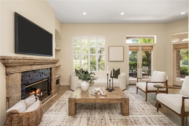 2 Via Barcaza, Coto De Caza, CA 92679 - living room with a stone fireplace, recessed lighting, and healthy amount of natural light