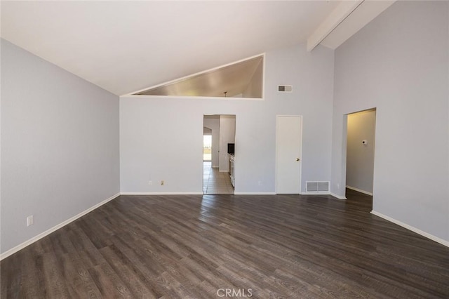 24691 Tarazona, Mission Viejo, CA 92692 - empty room featuring high vaulted ceiling, wood finished floors, and beam ceiling
