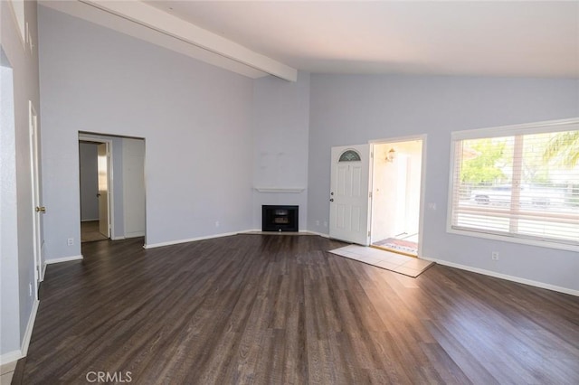 24691 Tarazona, Mission Viejo, CA 92692 - unfurnished living room with high vaulted ceiling, dark wood-type flooring, a fireplace, and beamed ceiling