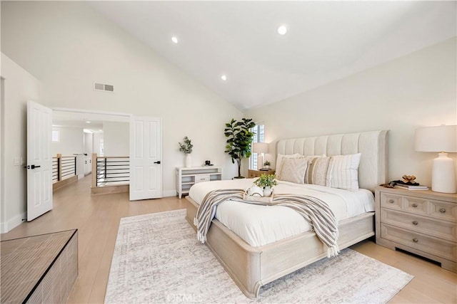 24876 Avenida Avalon, Laguna Hills, CA 92653 - bedroom with light wood-style flooring, high vaulted ceiling, and recessed lighting