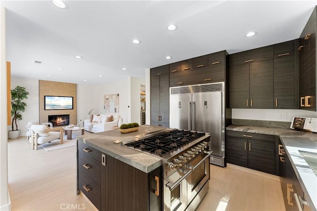 24876 Avenida Avalon, Laguna Hills, CA 92653 - kitchen with premium appliances, recessed lighting, a fireplace, light wood finished floors, and a kitchen island