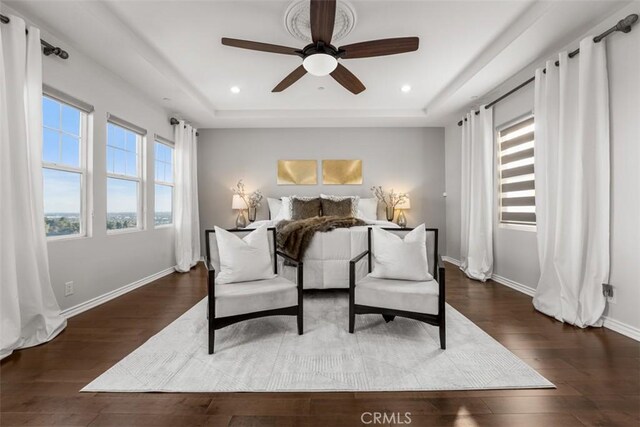 2886 Muir Trail Dr, Fullerton, CA 92833 - bedroom with a raised ceiling, dark wood-style flooring, a ceiling fan, and recessed lighting