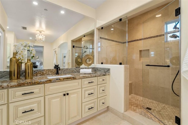 2886 Muir Trail Dr, Fullerton, CA 92833 - full bathroom featuring tiled shower, vanity, a chandelier, and recessed lighting