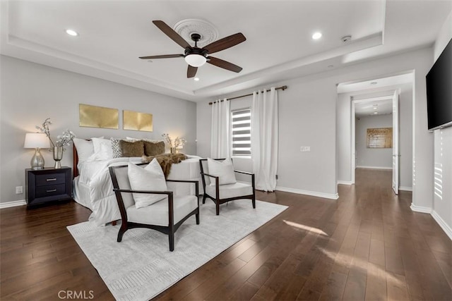2886 Muir Trail Dr, Fullerton, CA 92833 - bedroom with a tray ceiling, dark wood-type flooring, recessed lighting, and ceiling fan