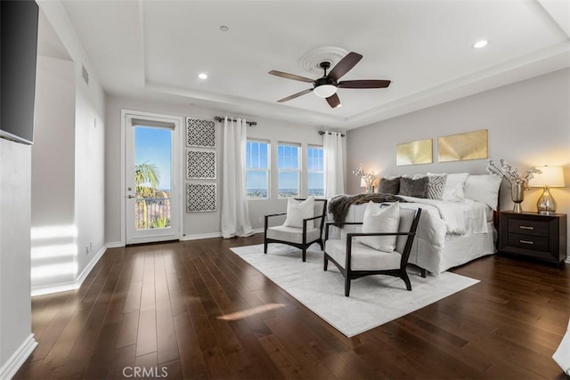 2886 Muir Trail Dr, Fullerton, CA 92833 - bedroom with a raised ceiling, access to exterior, dark wood-style floors, and recessed lighting