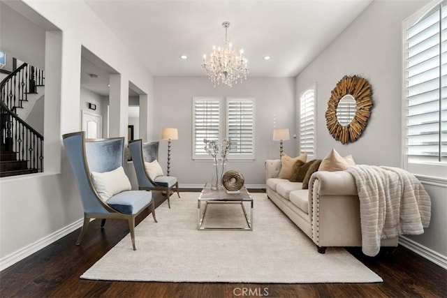 2886 Muir Trail Dr, Fullerton, CA 92833 - living room featuring a chandelier, wood finished floors, stairway, healthy amount of natural light, and recessed lighting