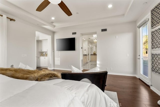 2886 Muir Trail Dr, Fullerton, CA 92833 - bedroom with a tray ceiling, dark wood finished floors, access to exterior, recessed lighting, and ceiling fan