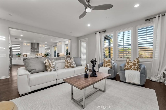 2886 Muir Trail Dr, Fullerton, CA 92833 - living area with dark wood-type flooring, ceiling fan, and recessed lighting