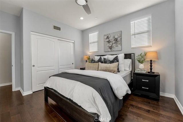2886 Muir Trail Dr, Fullerton, CA 92833 - bedroom featuring a closet, dark wood finished floors, recessed lighting, and a ceiling fan