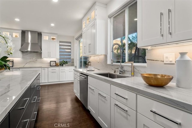 2886 Muir Trail Dr, Fullerton, CA 92833 - kitchen with wall chimney range hood, dishwasher, plenty of natural light, decorative backsplash, and recessed lighting