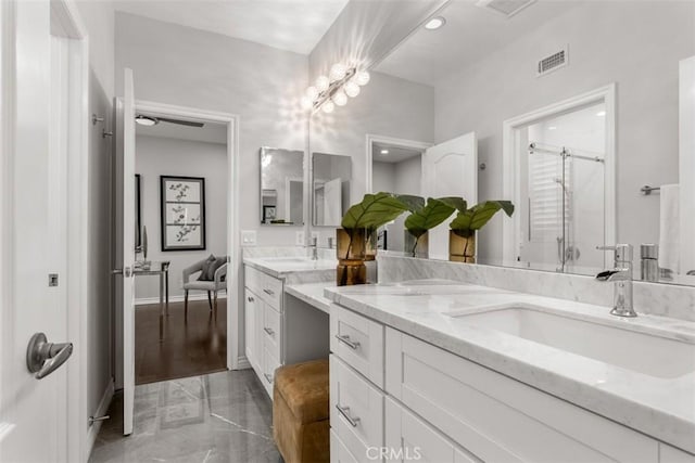 2886 Muir Trail Dr, Fullerton, CA 92833 - bathroom with vanity, a shower stall, and marble finish flooring