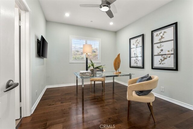 2886 Muir Trail Dr, Fullerton, CA 92833 - home office featuring a ceiling fan, wood finished floors, and recessed lighting