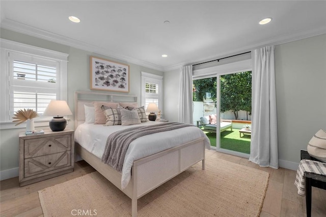 1605 Steinhart Ave, Redondo Beach, CA 90278 - bedroom with access to outside, crown molding, light wood-type flooring, and recessed lighting