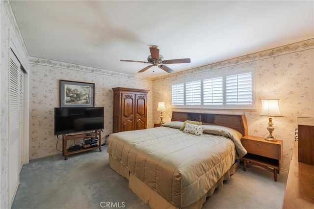 3115 Merrill Dr Unit 59, Torrance, CA 90503 - carpeted bedroom with wallpapered walls, ceiling fan, and a closet