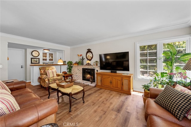 18911 Crimson Cir, Huntington Beach, CA 92646 - living room featuring a brick fireplace, crown molding, and light wood-style floors