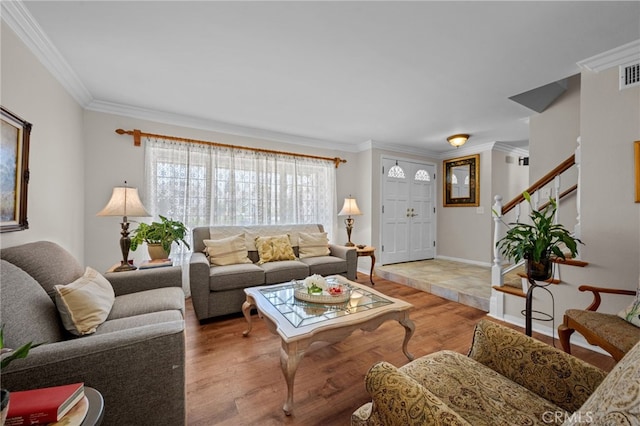 18911 Crimson Cir, Huntington Beach, CA 92646 - living area with ornamental molding, wood finished floors, and stairway