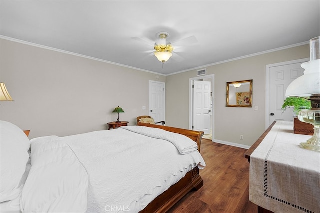 18911 Crimson Cir, Huntington Beach, CA 92646 - bedroom with dark wood finished floors, ornamental molding, and ceiling fan