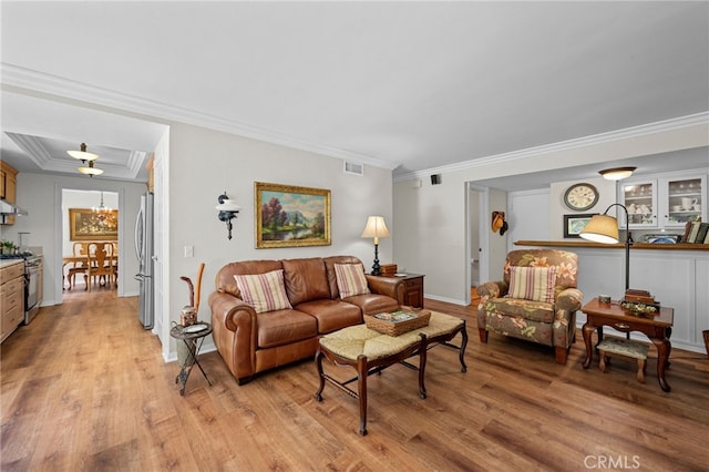 18911 Crimson Cir, Huntington Beach, CA 92646 - living room with ornamental molding and light wood-style flooring