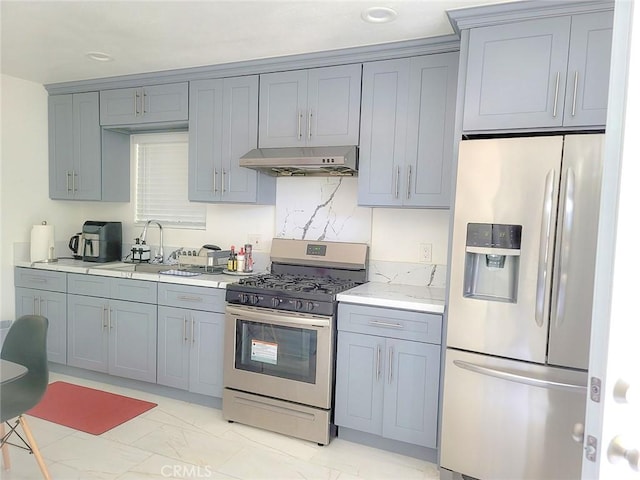 4124 Ivar Ave, Rosemead, CA 91770 - kitchen featuring fridge with ice dispenser, stainless steel gas range, under cabinet range hood, gray cabinetry, and light marble finish flooring